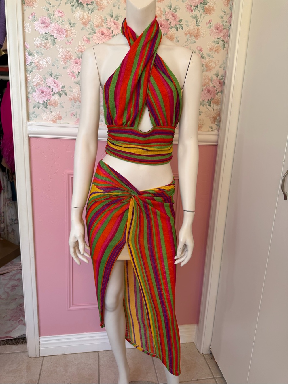 Striped High-Low Wrap Skirt in Red, Green & Pink